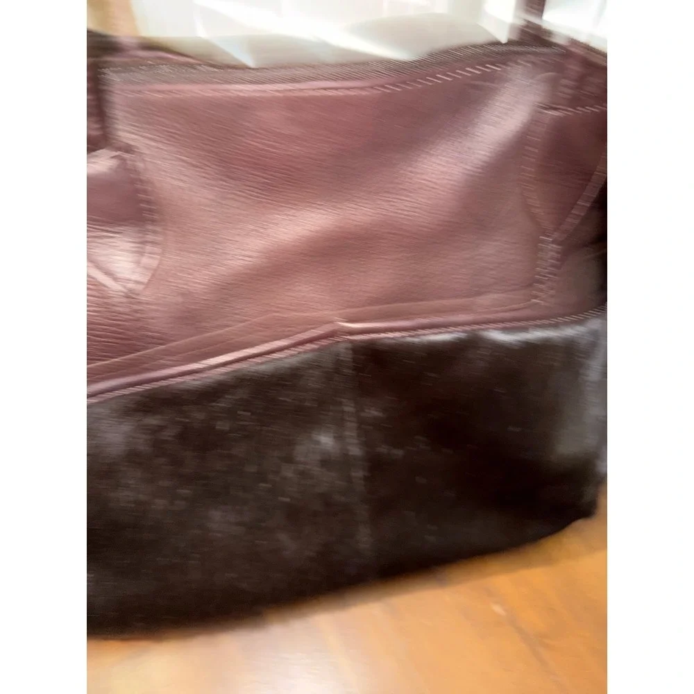 Burgundy Leather and Faux Fur Tote Duffel Bag with Detachable Shoulder Strap